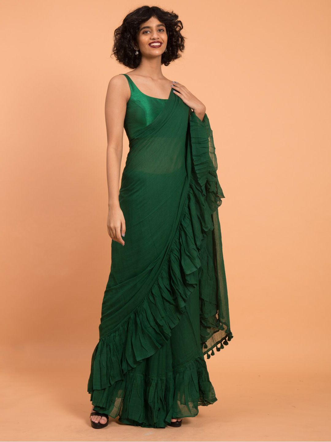 Suta Green Pure Cotton Solid Ruffle Saree