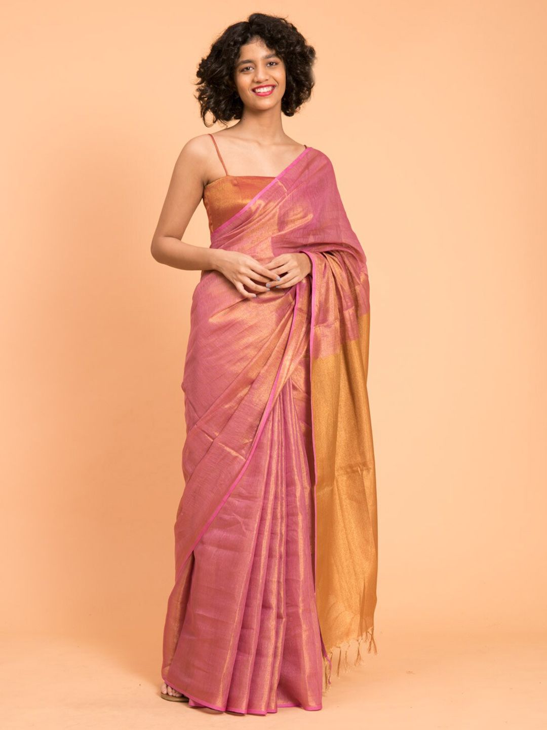 Suta Pink & Gold-Toned Zari Pure Linen Saree Price in India