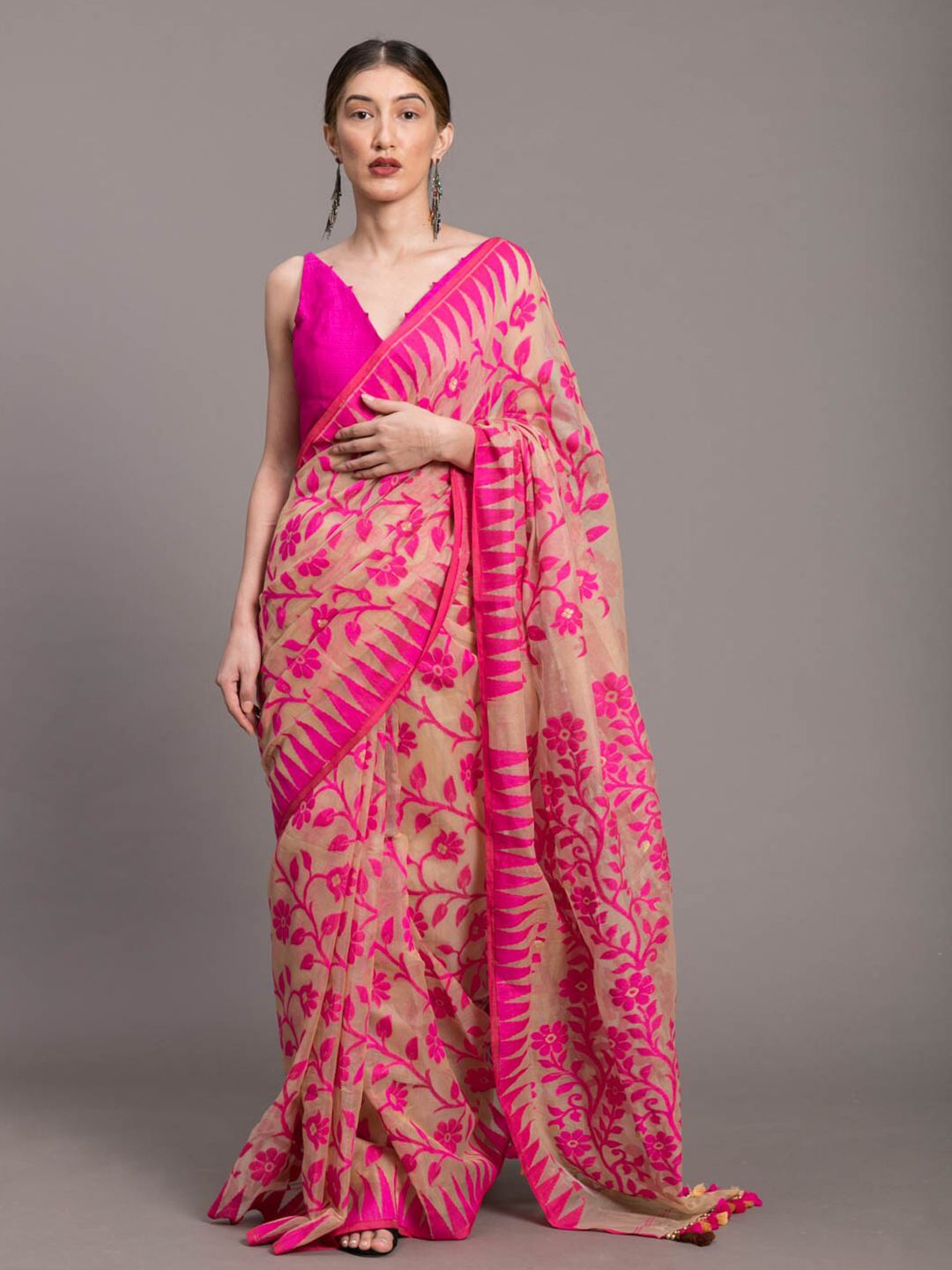 Suta Beige Pink Floral Motifs PolyCotton Saree