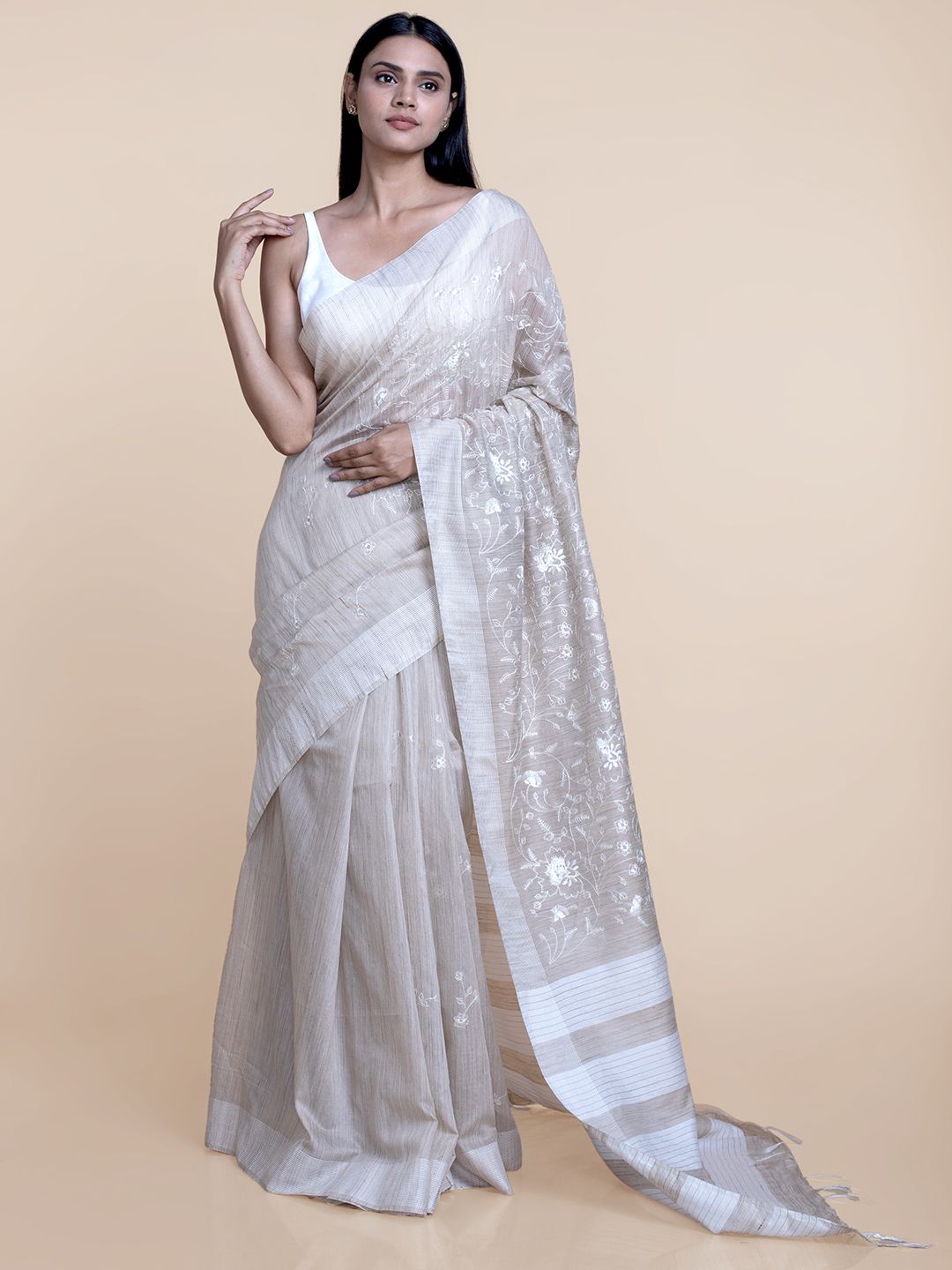 Suta Beige & White Floral Embroidered Saree