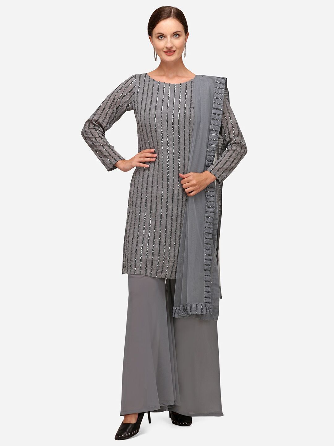 JATRIQQ Grey Embroidered Semi-Stitched Dress Material Price in India