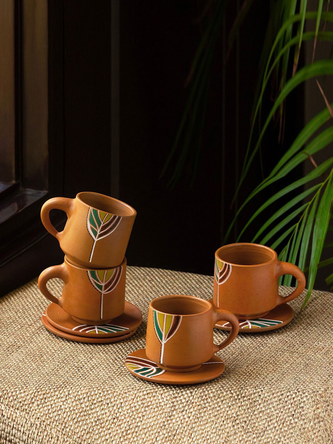 ExclusiveLane Set of 4 Brown Handcrafted & Hand Painted Terracotta Cups and Saucers Price in India