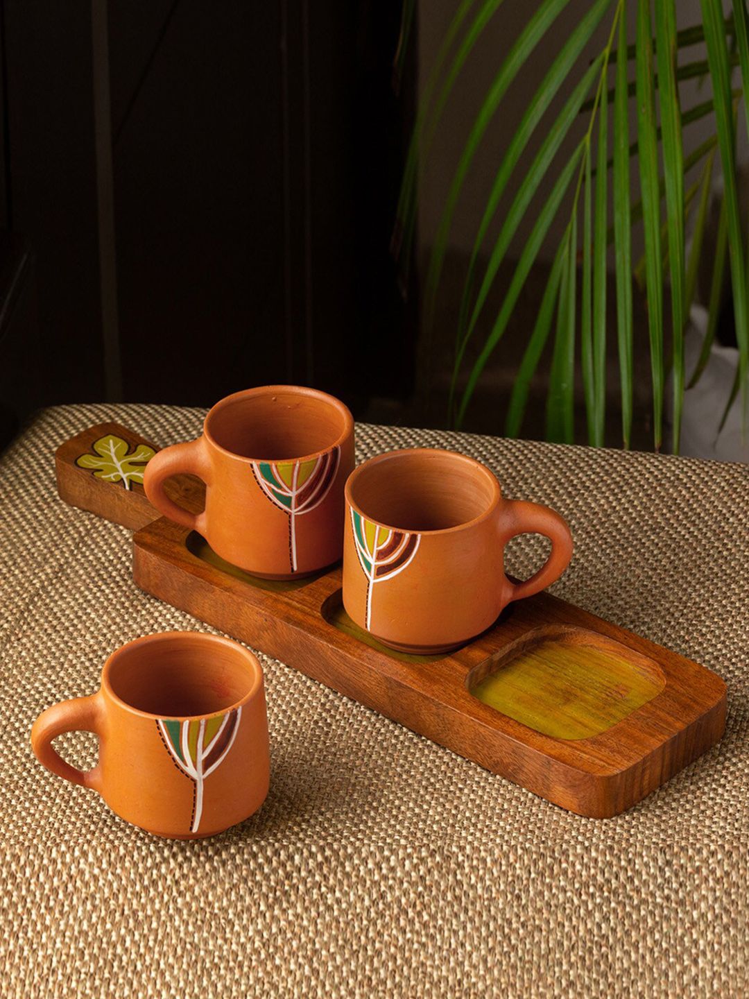ExclusiveLane Set of 3 Brown Hand Painted Printed Terracotta Matte Tea Cups with Tray Price in India