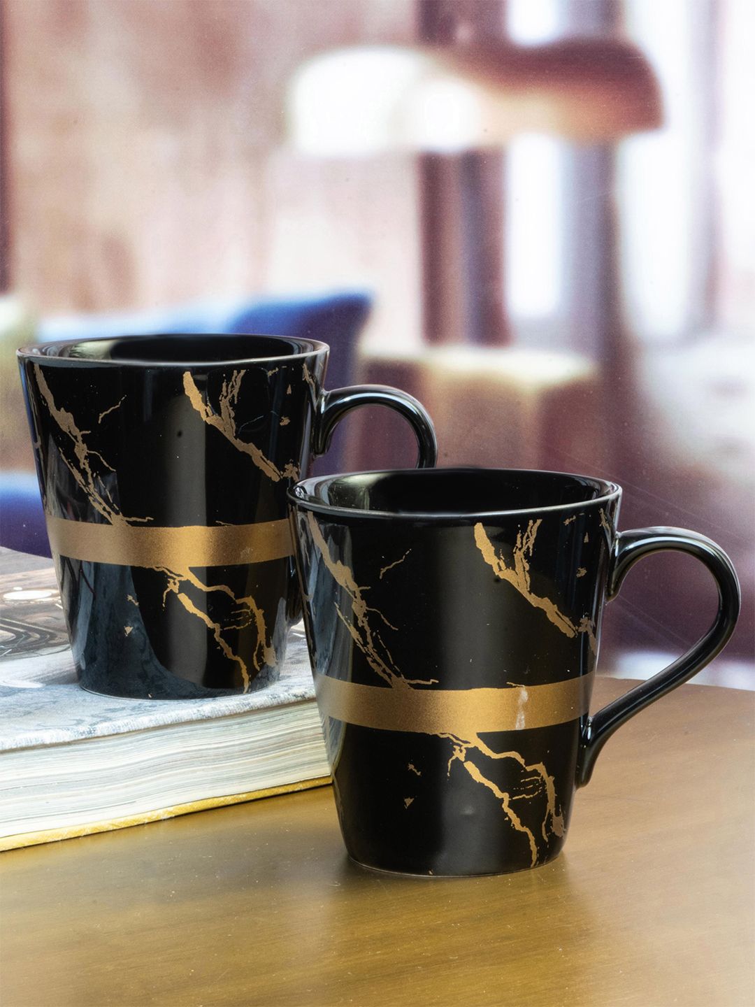 White Gold Black & Copper-Toned Set of 2 Printed Porcelain Glossy Mugs Price in India