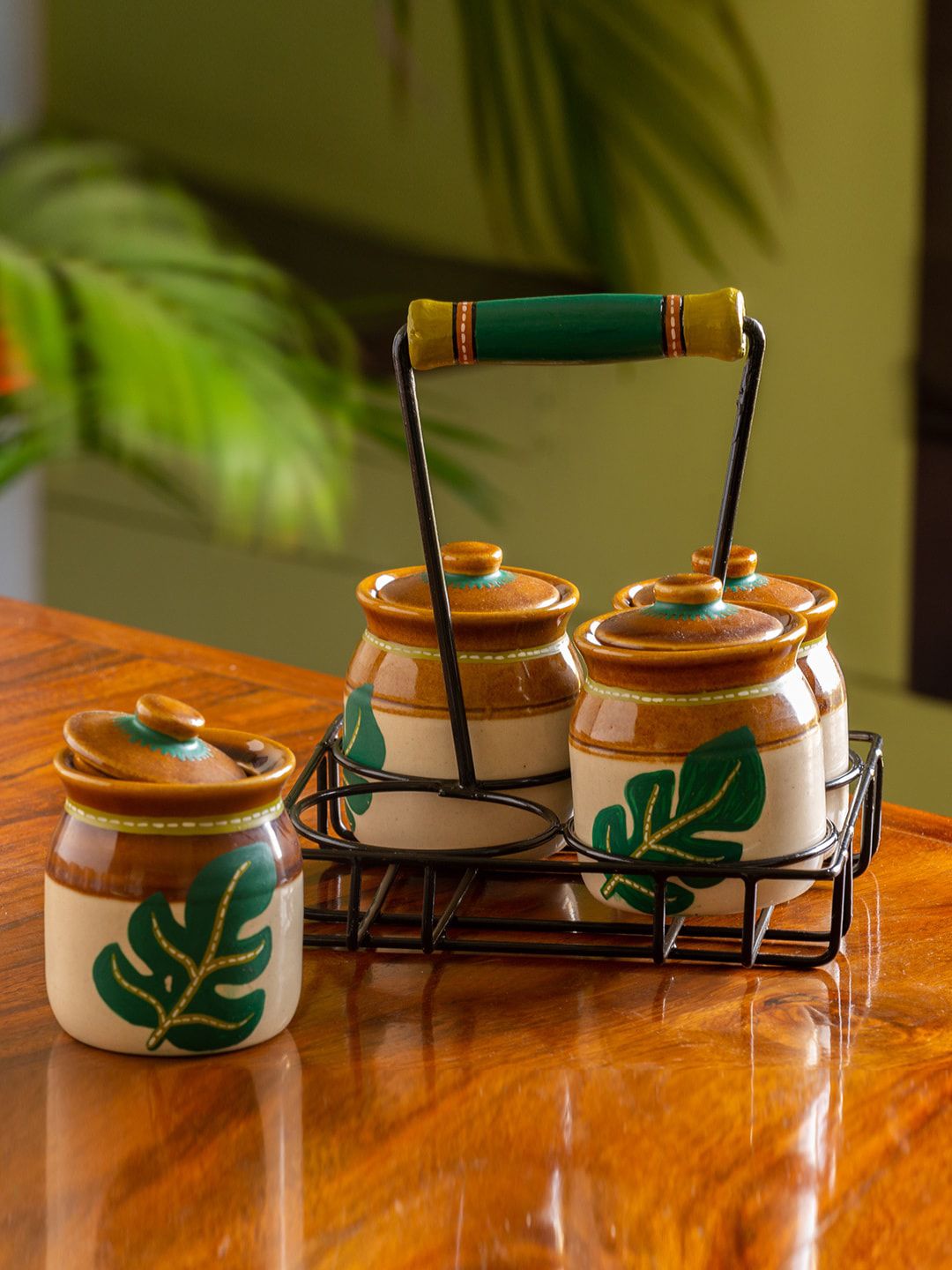ExclusiveLane Set Of 4 Brown & Green Ceramic Jars With Lid & Iron Holder Price in India
