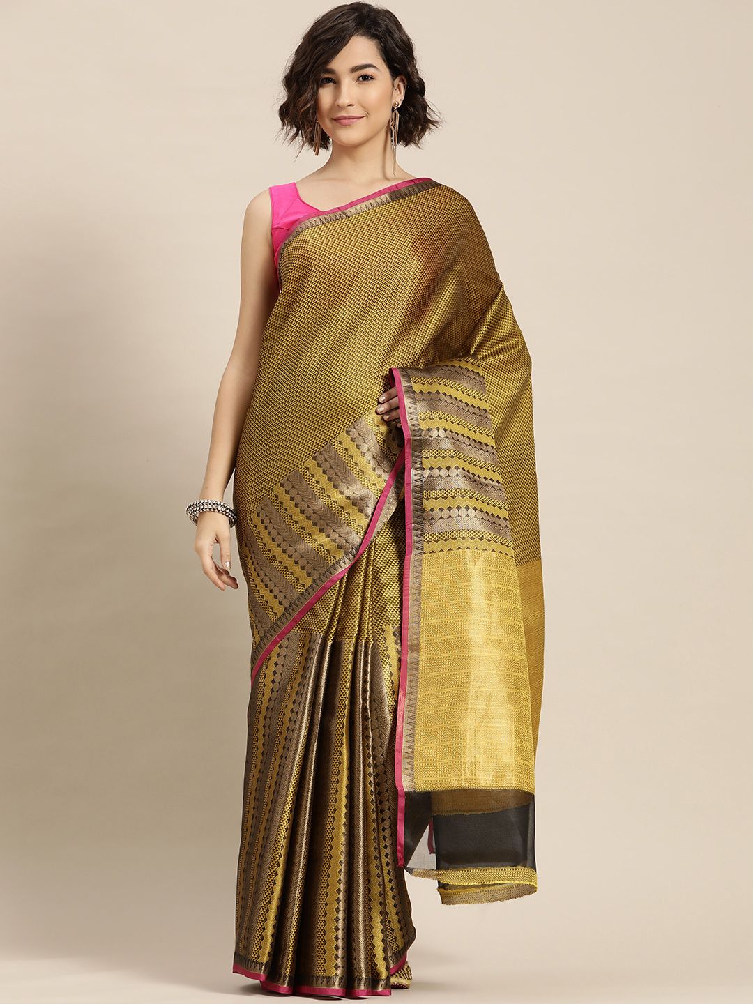 Mitera Gold-Toned & Pink Woven Design Zari Silk Blend Saree