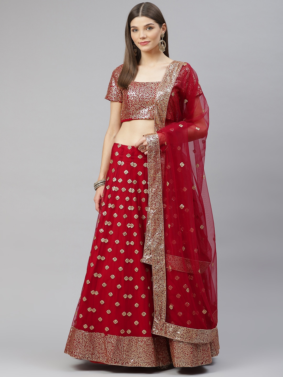 SHUBHVASTRA Red Embroidered Sequinned Semi-Stitched Lehenga & Unstitched Blouse With Dupatta Price in India