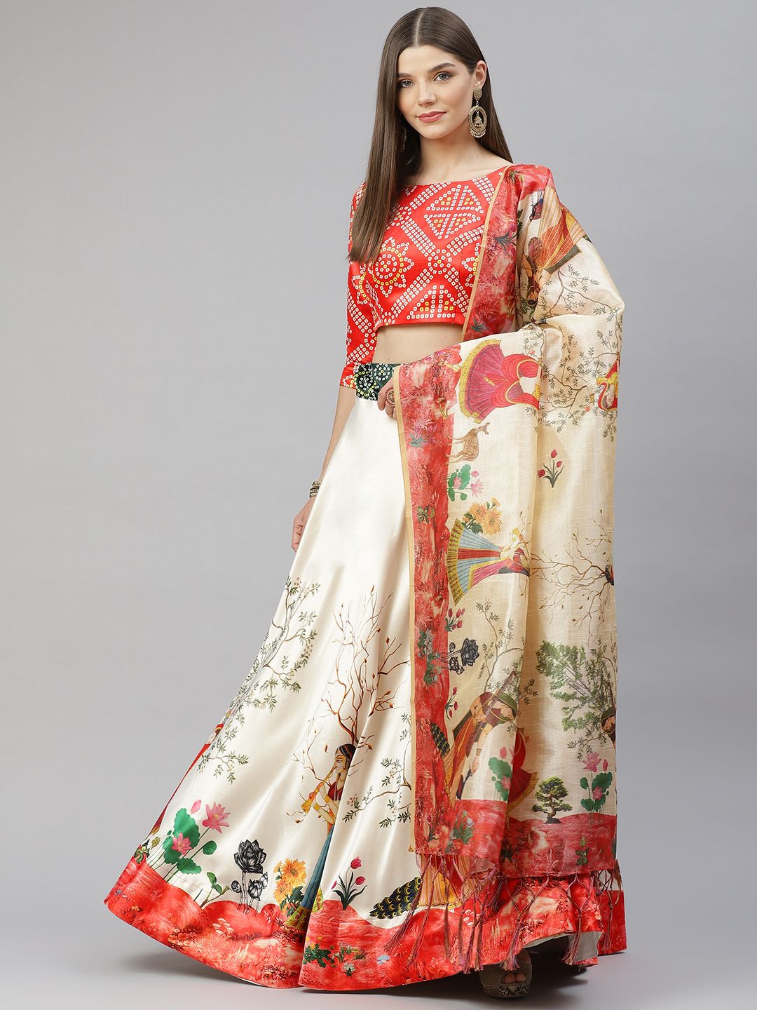 SHUBHVASTRA Red & Cream-Coloured Printed Semi-Stitched Lehenga & Unstitched Blouse With Dupatta Price in India