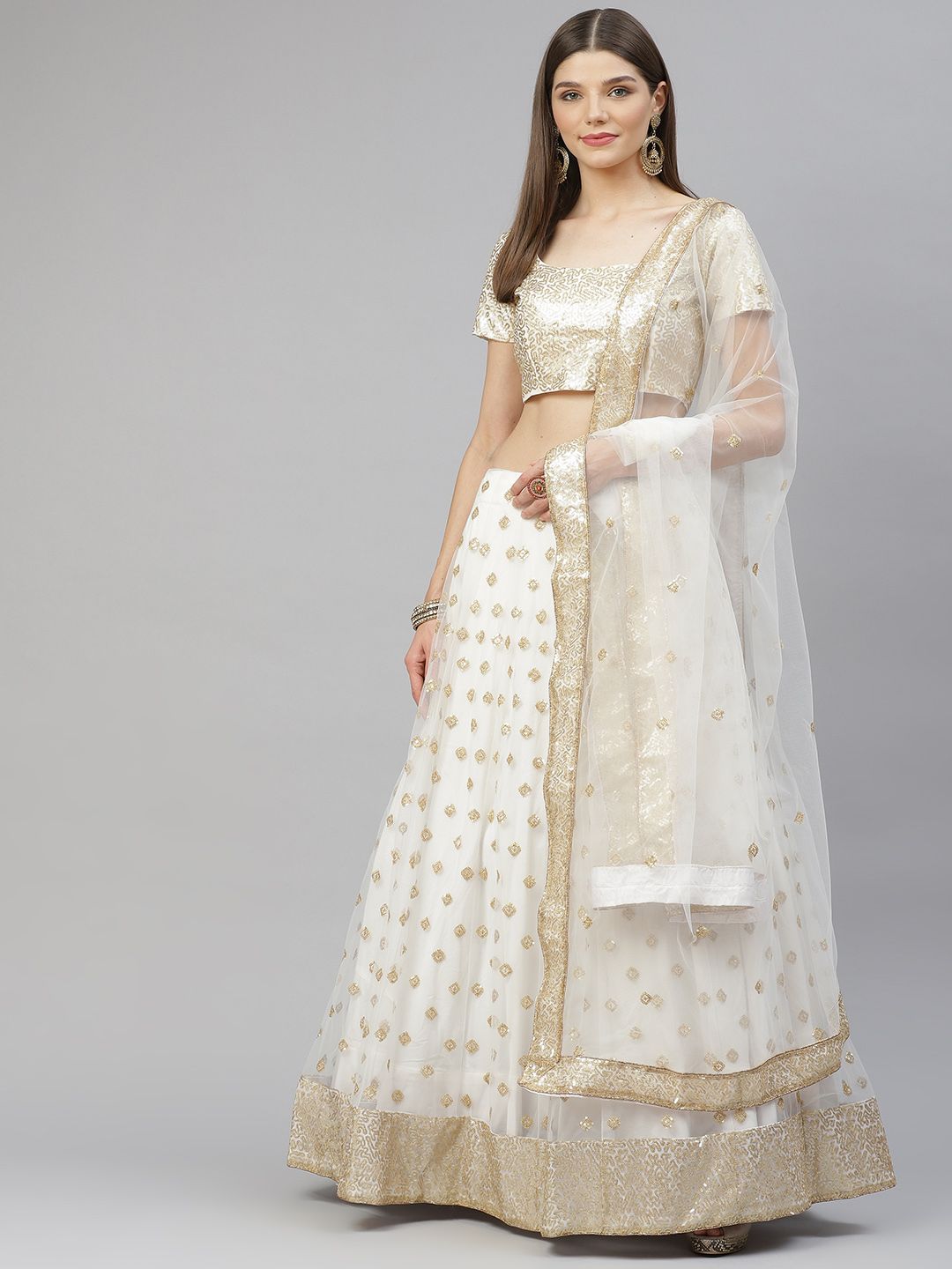 SHUBHVASTRA White & Gold-Toned Embroidered Sequinned Semi-Stitched Lehenga & Unstitched Blouse With Dupatta Price in India