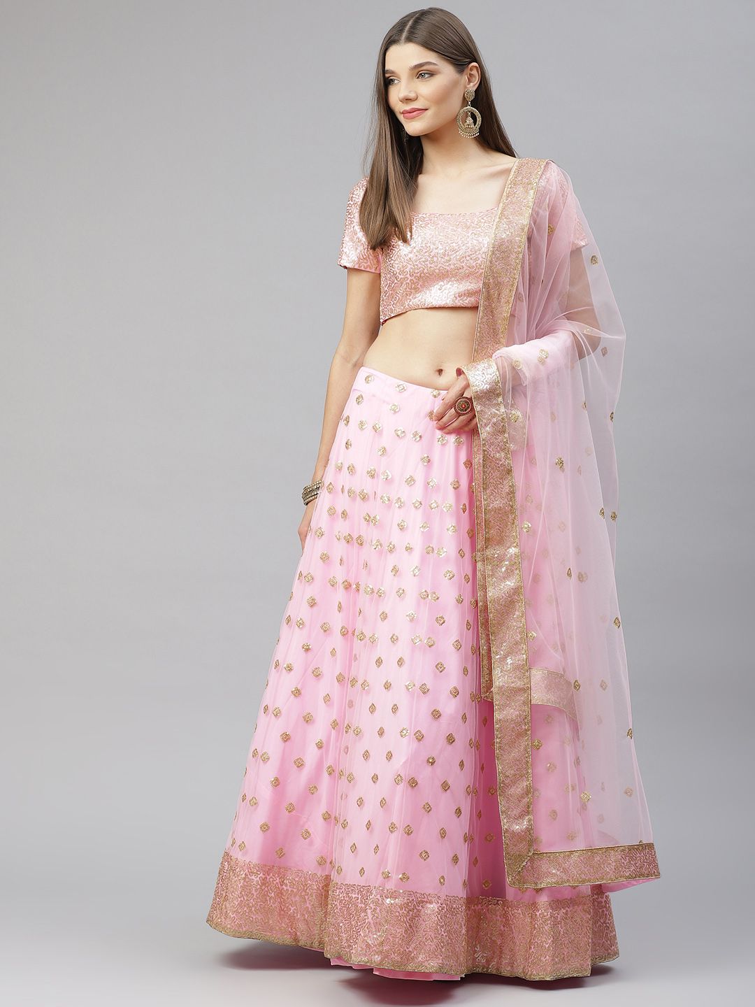 SHUBHVASTRA Pink & Gold-Toned Embroidered Sequinned Semi-Stitched Lehenga & Unstitched Blouse With Dupatta Price in India