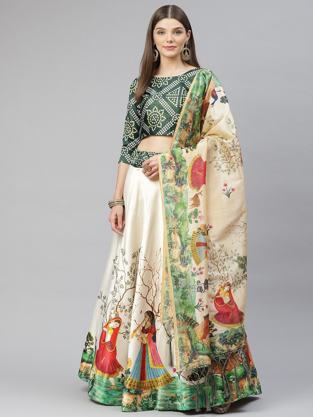 SHUBHVASTRA Green & Cream-Coloured Semi-Stitched Lehenga & Unstitched Blouse With Dupatta Price in India