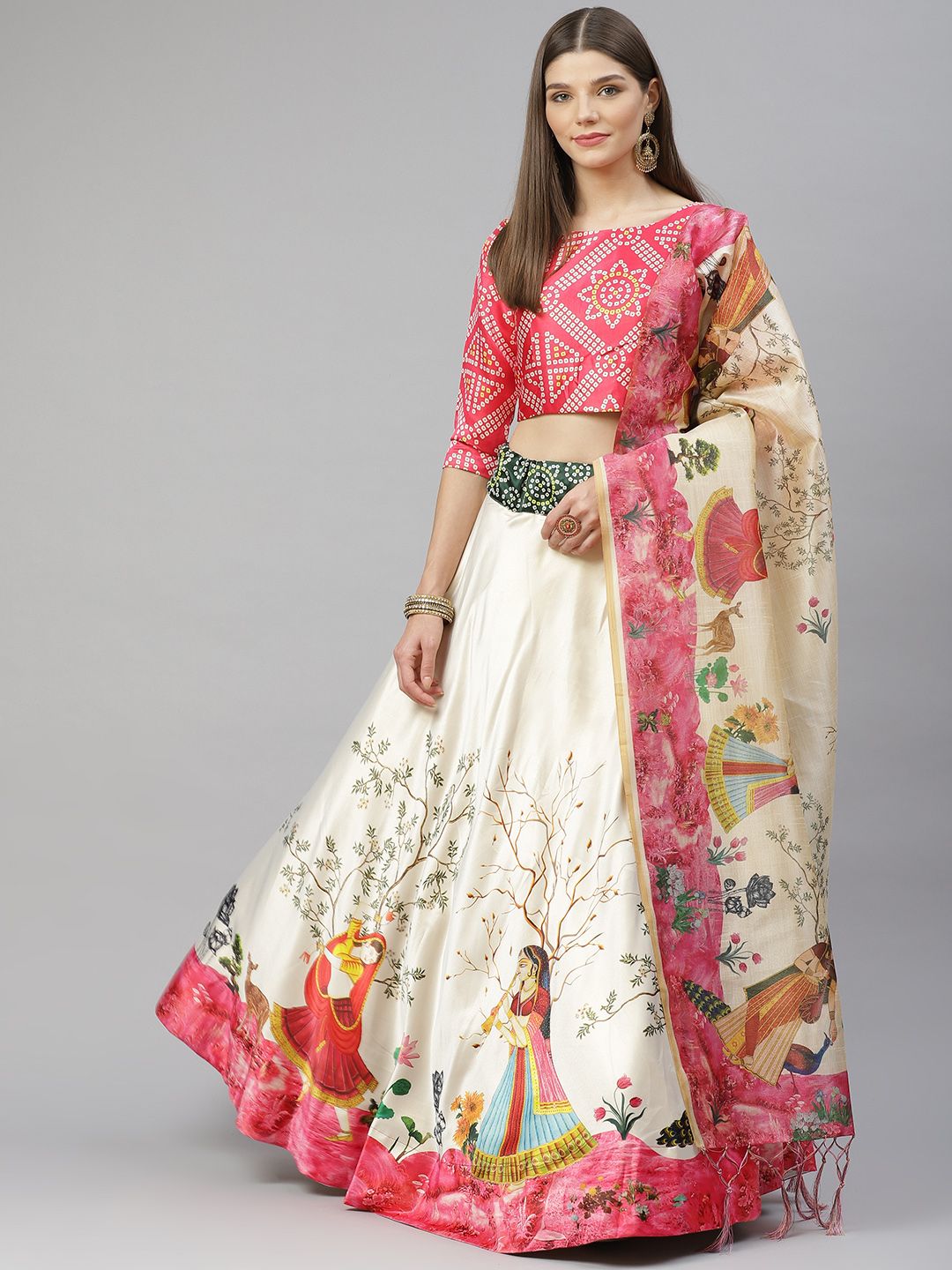 SHUBHVASTRA Pink & Cream-Coloured Printed Semi-Stitched Lehenga & Unstitched Blouse With Dupatta Price in India