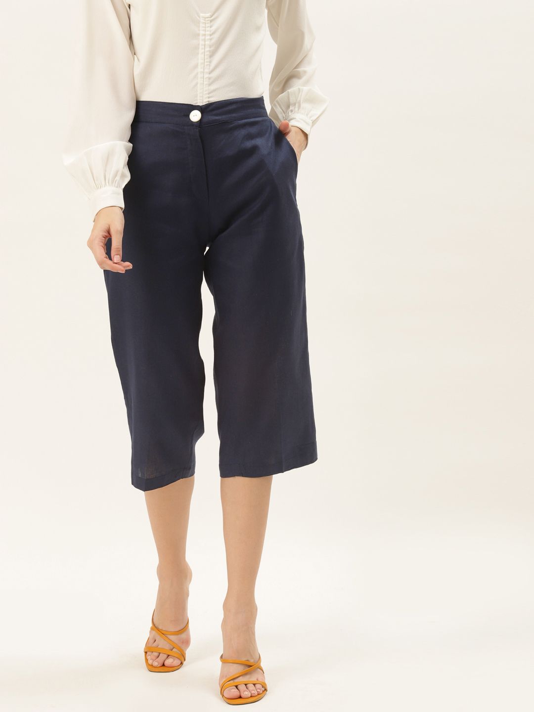 RIVI Women Navy Blue Loose Fit Easy Wash Culottes Trousers Price in India