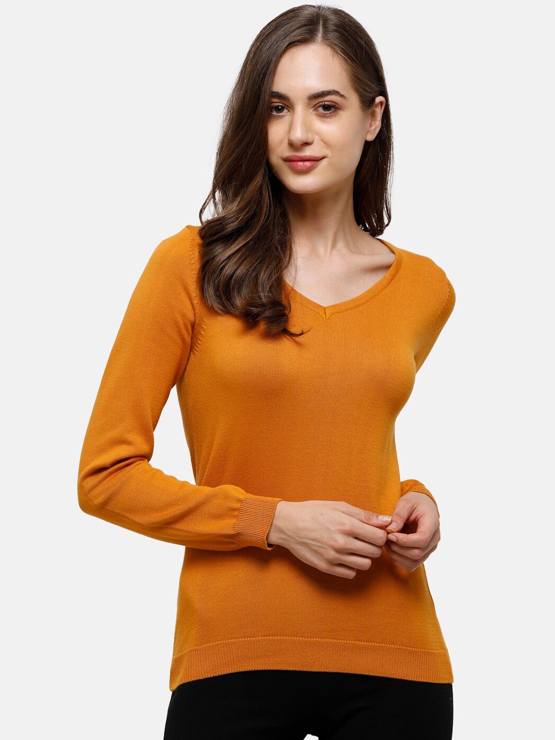 98 Degree North Women Mustard Solid V neck Sweater Price in India