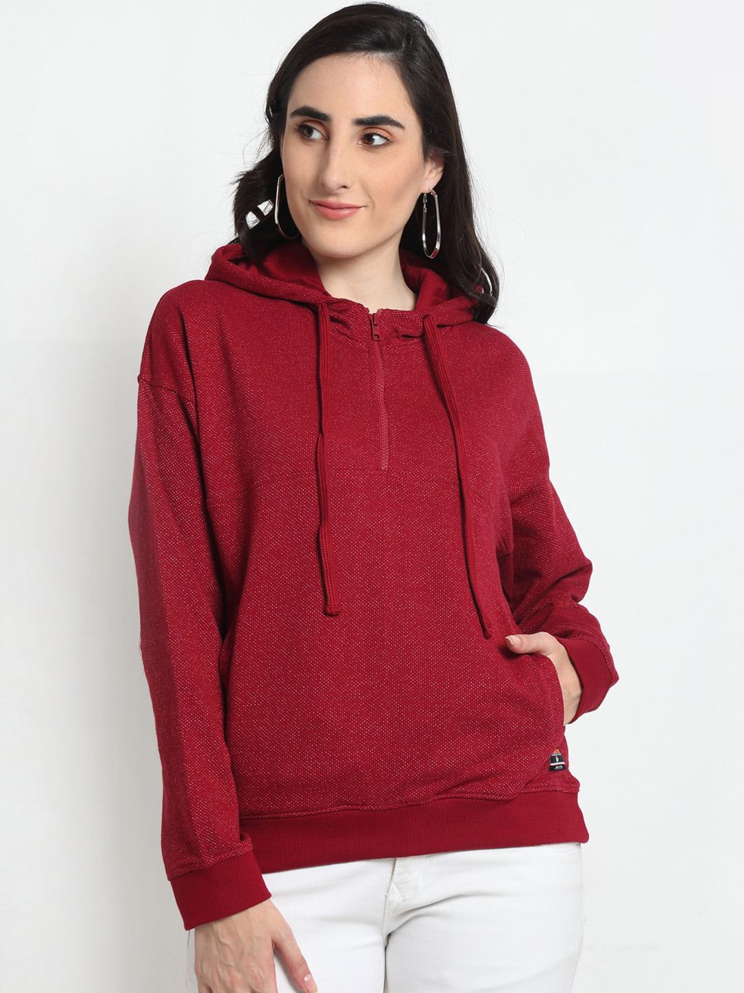 Club York Women Red Solid Hooded Sweatshirt With Zip Detail Price in India