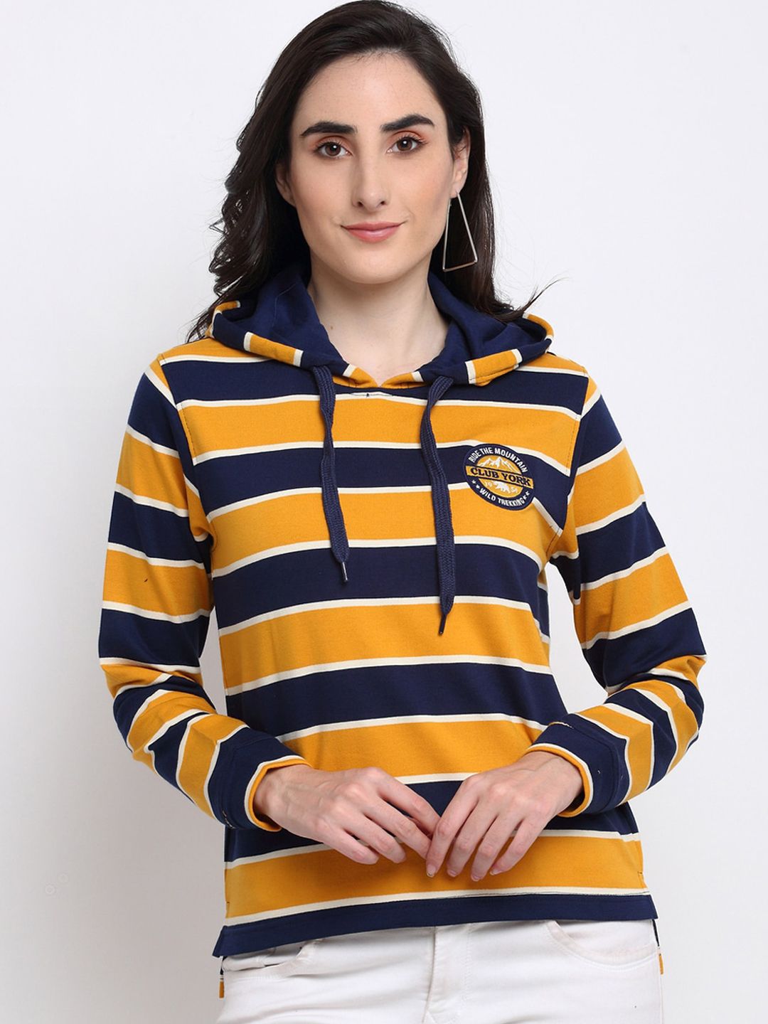 Club York Women Mustard & Navy Striped Sweatshirt Price in India