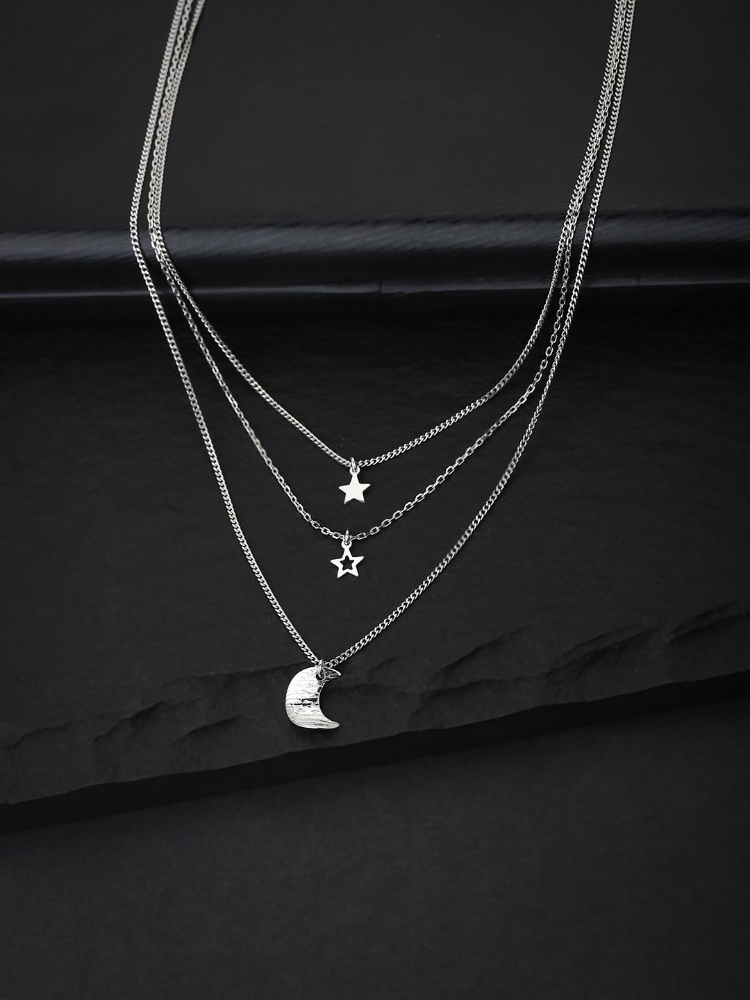 Carlton London Silver-Toned Rhodium-Plated Star & Moon Charms Layered Necklace Price in India