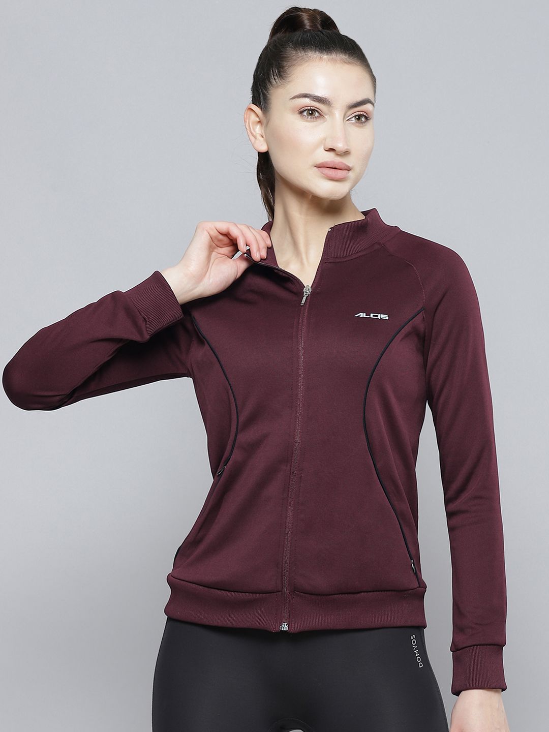 Alcis Women Burgundy Solid Polyester Regular Outdoor Sporty Jacket Price in India
