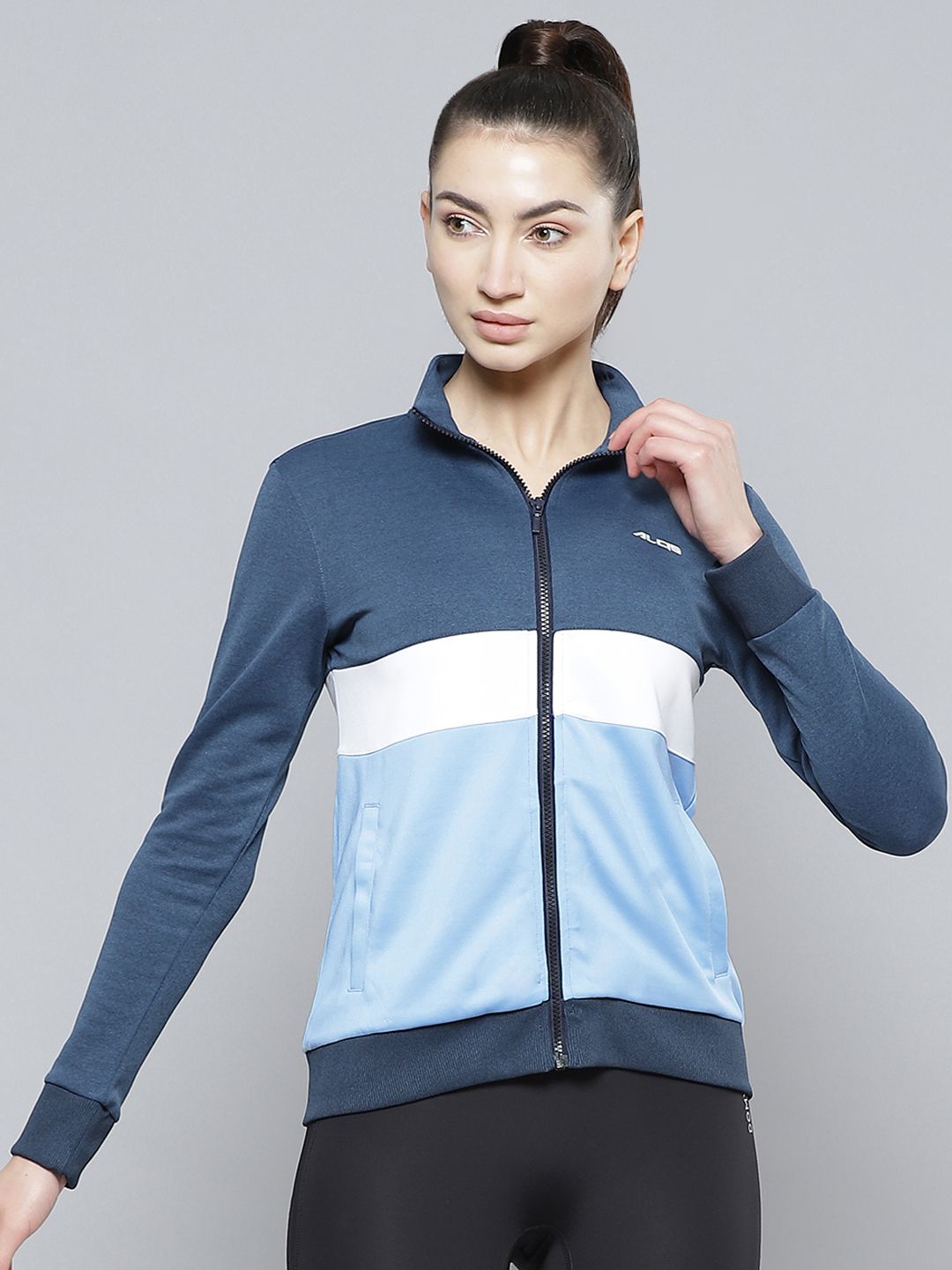Alcis Women Blue & White Colourblocked Polyester Regular Outdoor Sporty Jacket Price in India