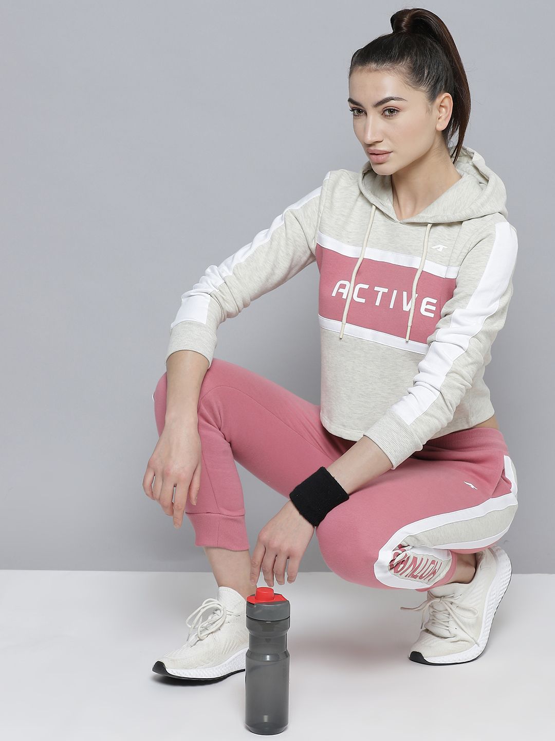 Alcis Women Grey Melange & Pink Typography Applique Hooded Tracksuit with Side Taping Price in India