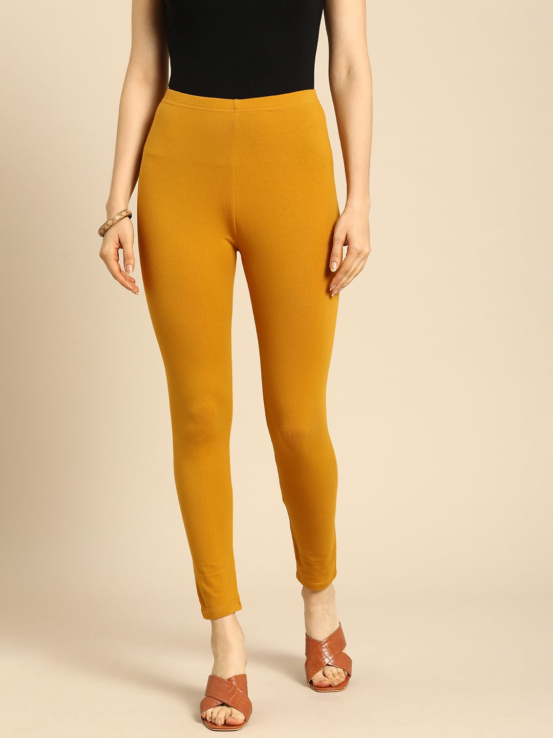 Anouk Women Mustard Yellow Solid Ankle Length Leggings Price in India