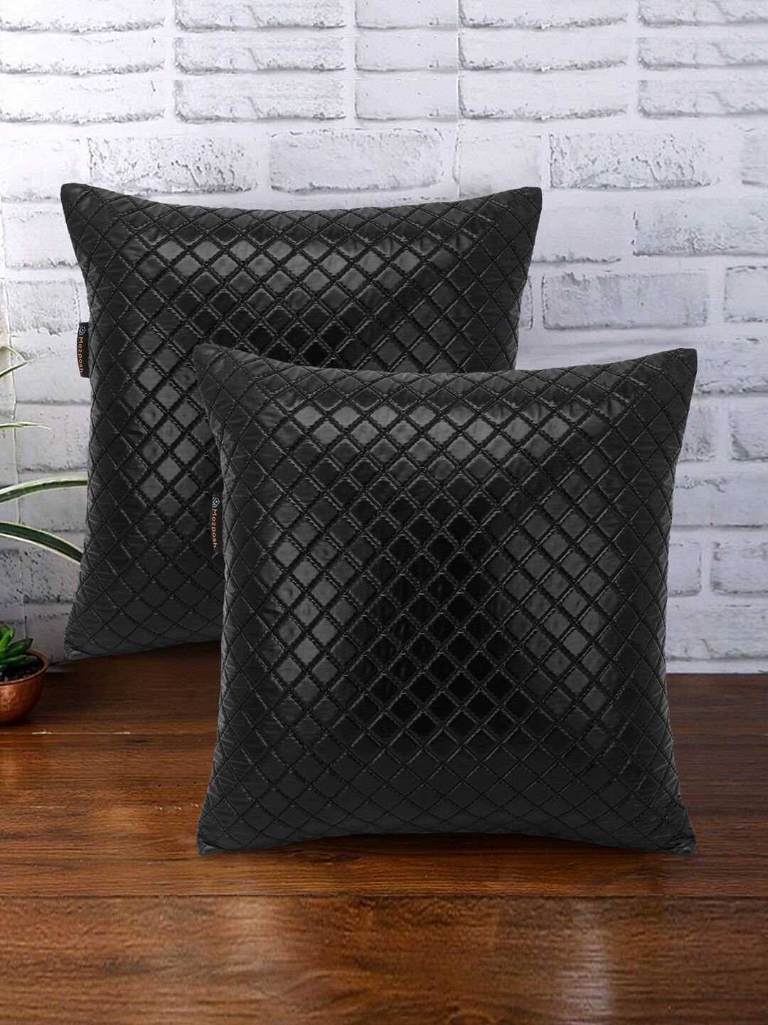 Mezposh Set of 2 Black Harlequin Quilted Square Cushion Covers Price in India