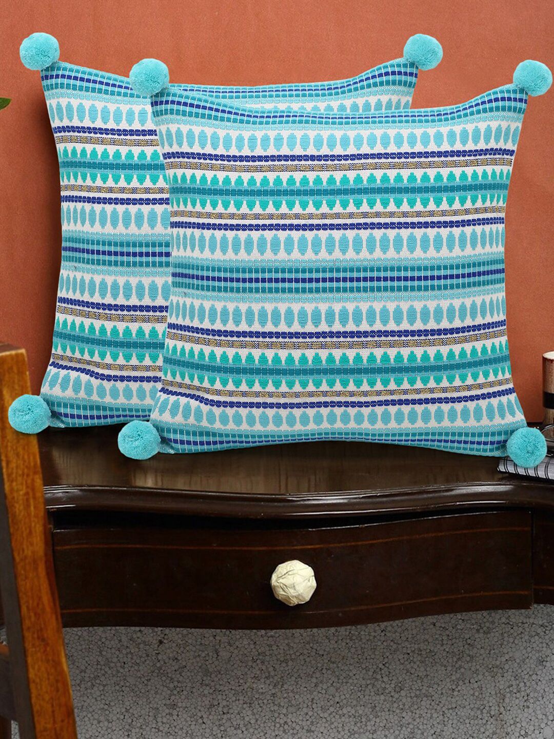 Mezposh White & Sea Green Set of 2 Striped Square Pompoms Detail Cushion Covers Price in India