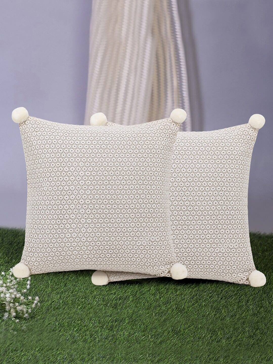 Mezposh Set of 2 Off White & Grey Self Design  Square Cushion Covers with Pompoms Price in India