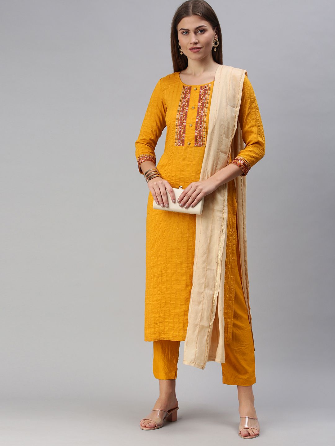 SheWill Women Yellow Embroidered & Sequence Chanderi Silk Kurta with Trousers & Dupatta Price in India