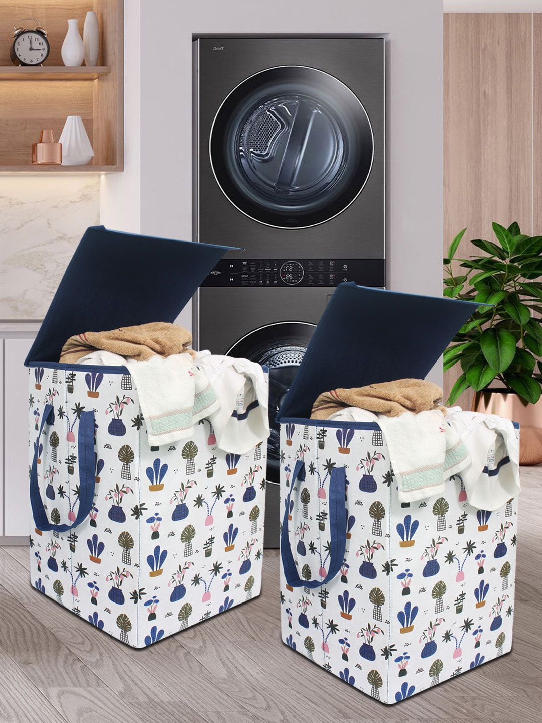 prettykrafts Set of 2 White & Navy Blue Mushroom Print Foldable Laundry Basket Price in India