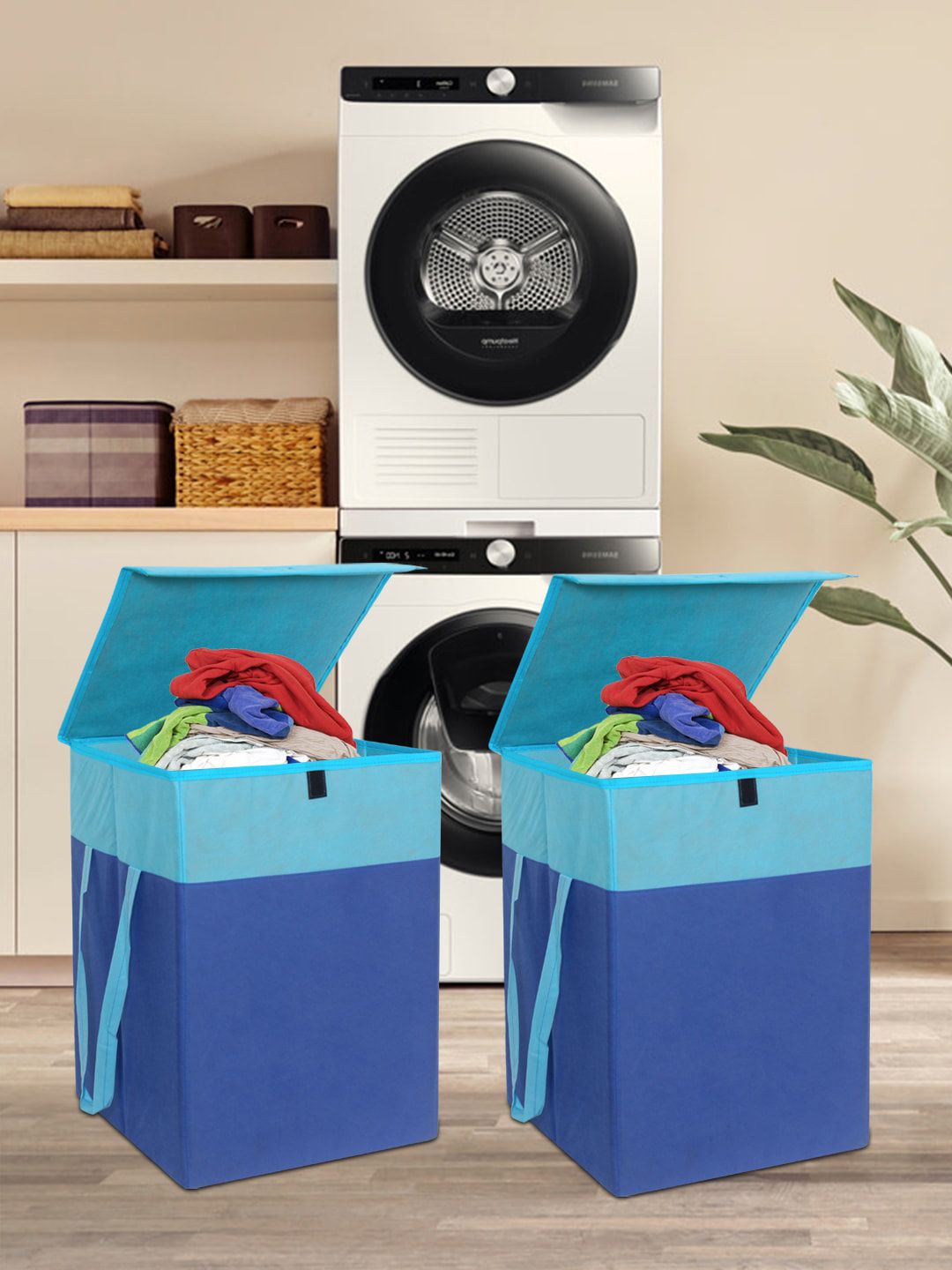 prettykrafts Set of 2 Blue Foldable Laundry Basket Price in India
