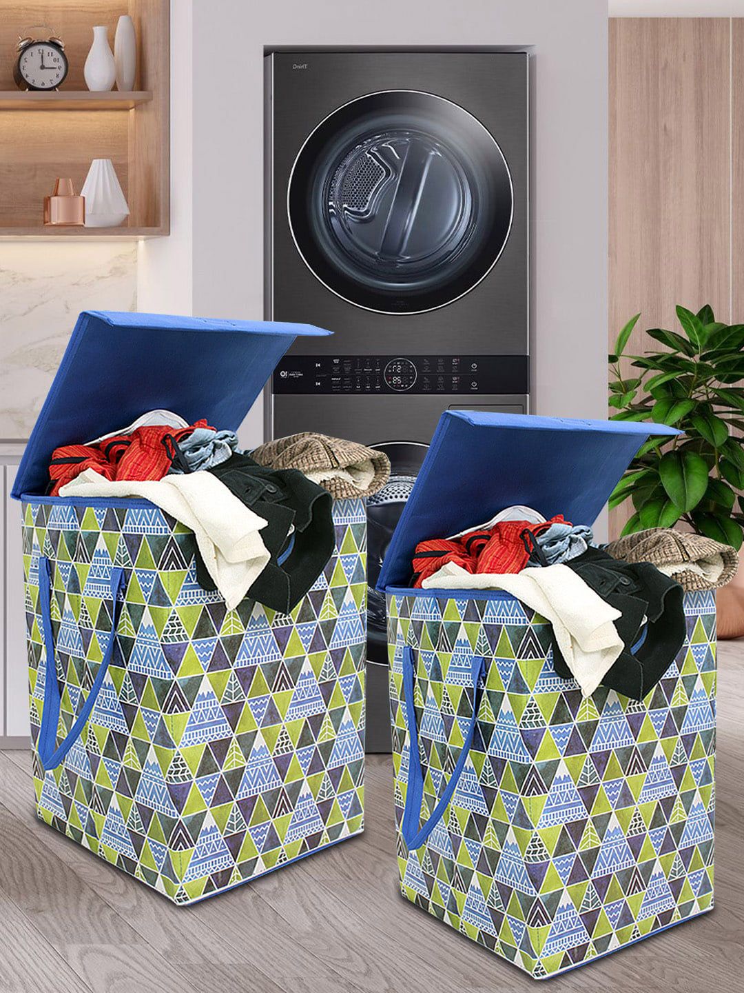 prettykrafts Set of 2 Blue & Grey Foldable Laundry Basket Price in India