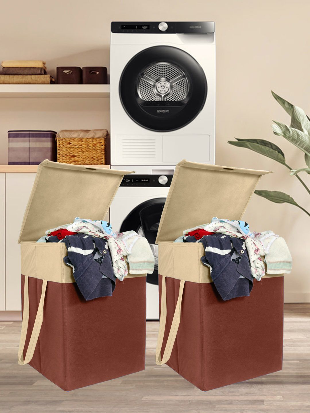 prettykrafts Set of 2 Brown Foldable Laundry Basket Price in India