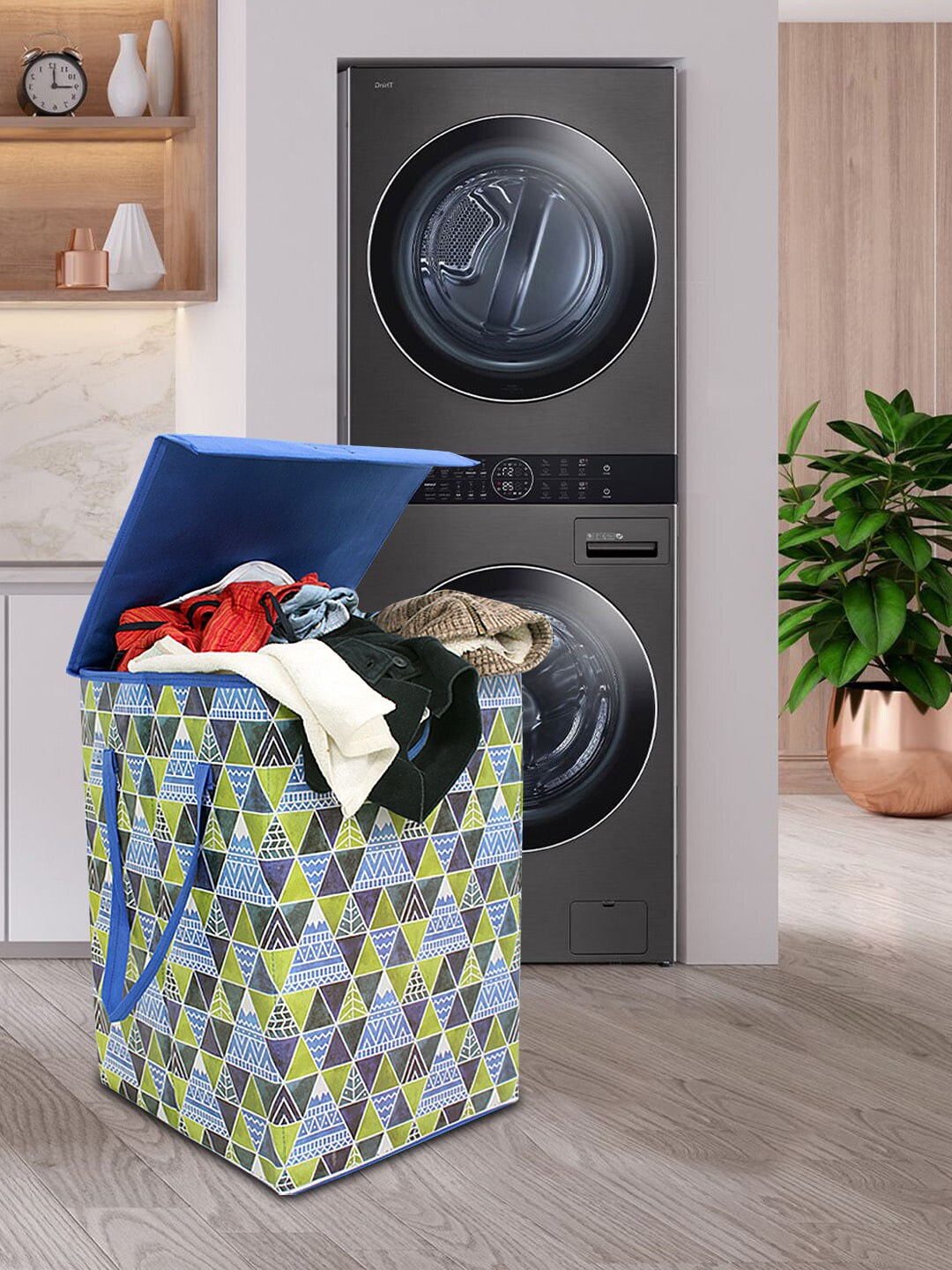 prettykrafts Blue & Green Printed Foldable Laundry Basket With Lid Price in India
