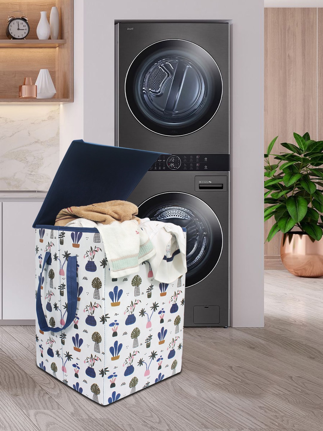 prettykrafts White & Blue Printed Foldable Laundry Basket With Lid Price in India
