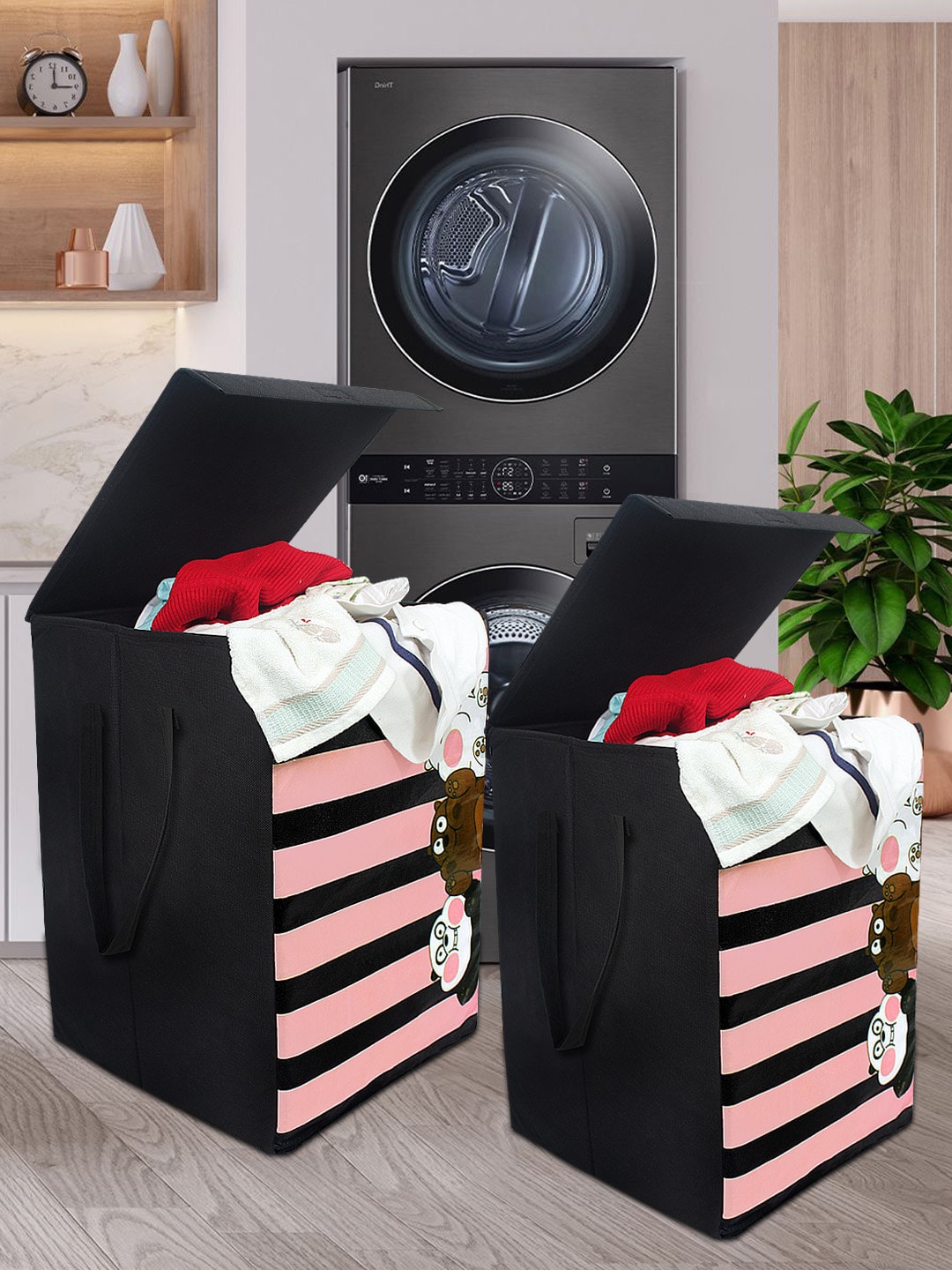 prettykrafts Set of 2 Striped Foldable Laundry Basket With Lid Price in India