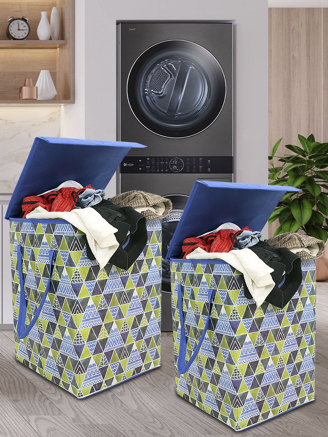 prettykrafts Set of 2 Printed Foldable Laundry Basket With Lid Price in India