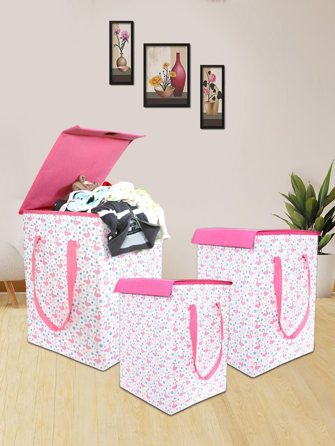 prettykrafts Set of 3 Printed Foldable Laundry Basket With Lid Price in India