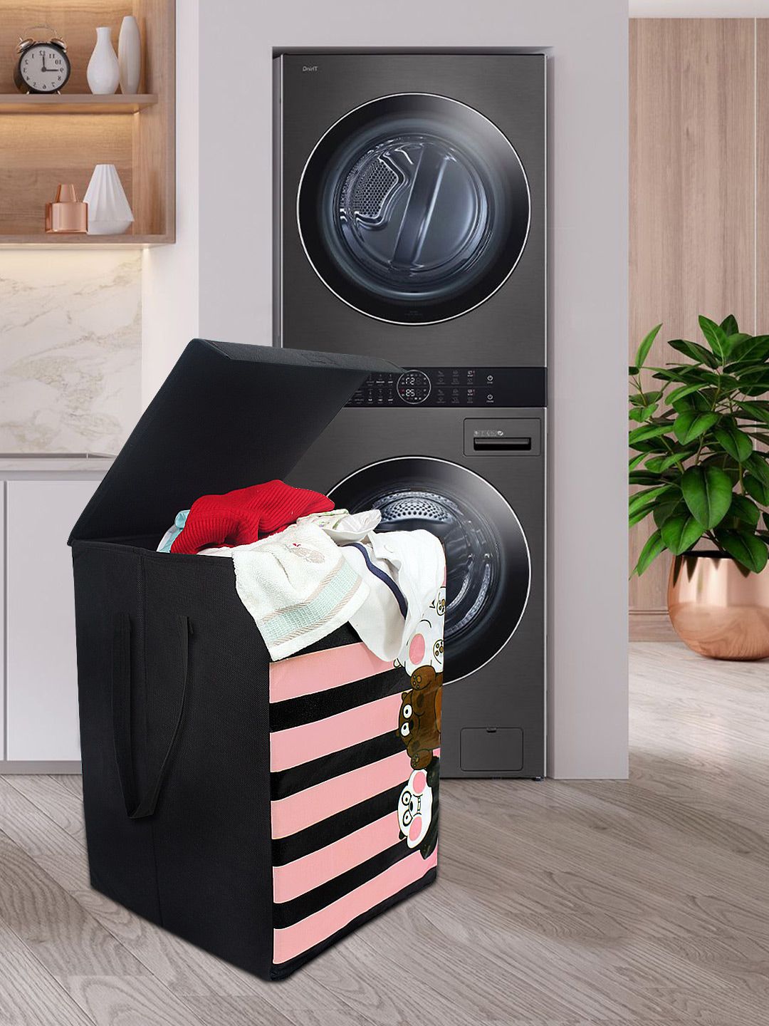 prettykrafts Pink & Black Striped Foldable Laundry Basket With Lid Price in India