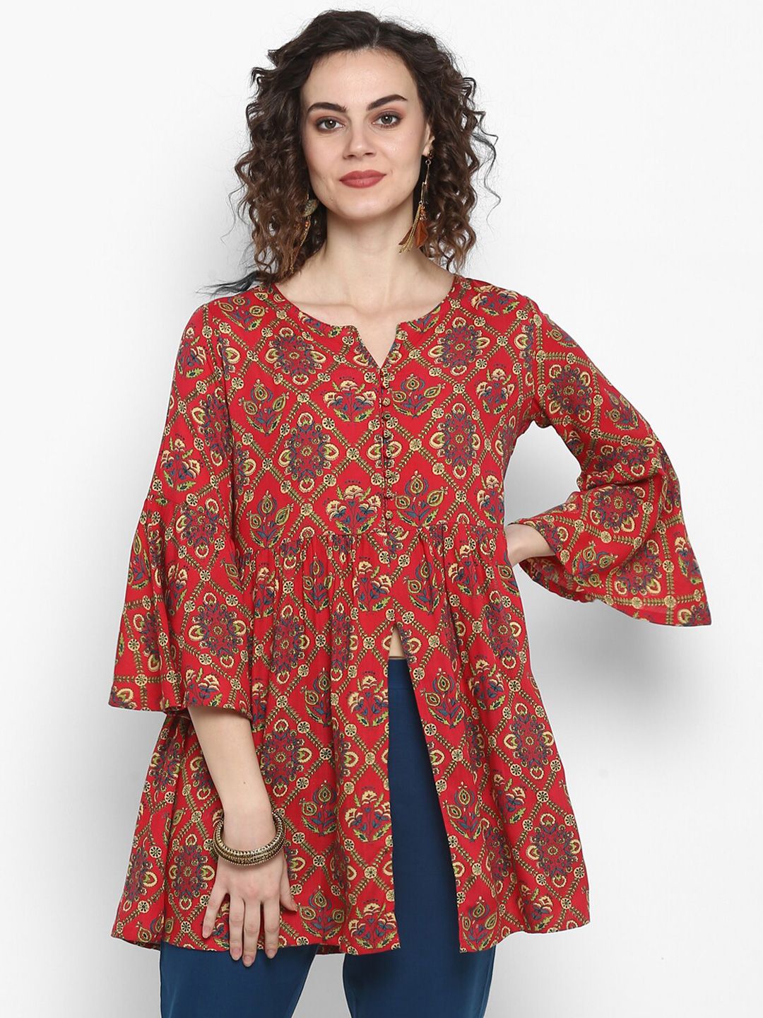 Janasya Red Floral Printed A-Line Longline Top