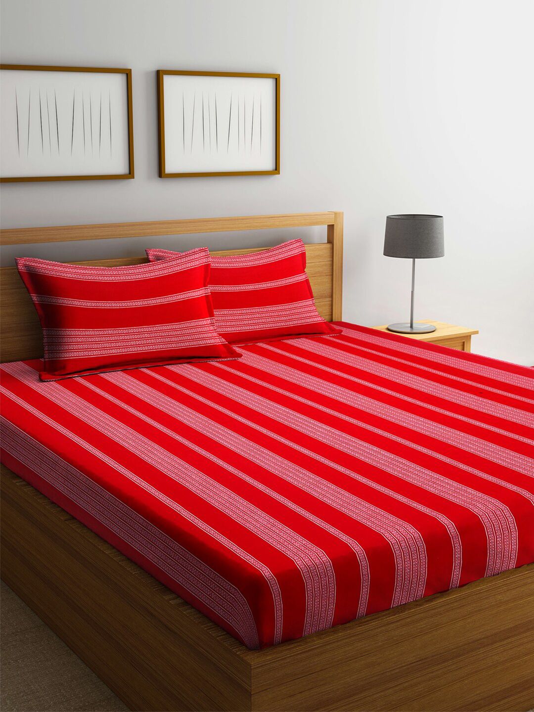Arrabi Red & White Striped 300 TC King Cotton Bedsheet with 2 Pillow Covers Price in India