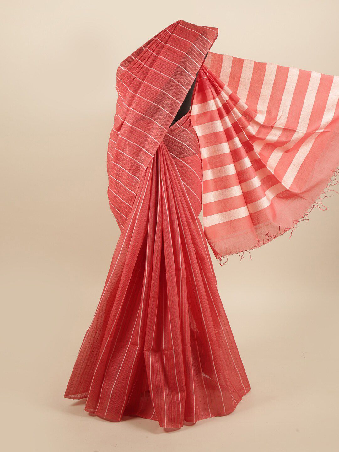 Pothys Pink & White Striped Pure Silk Tussar Saree