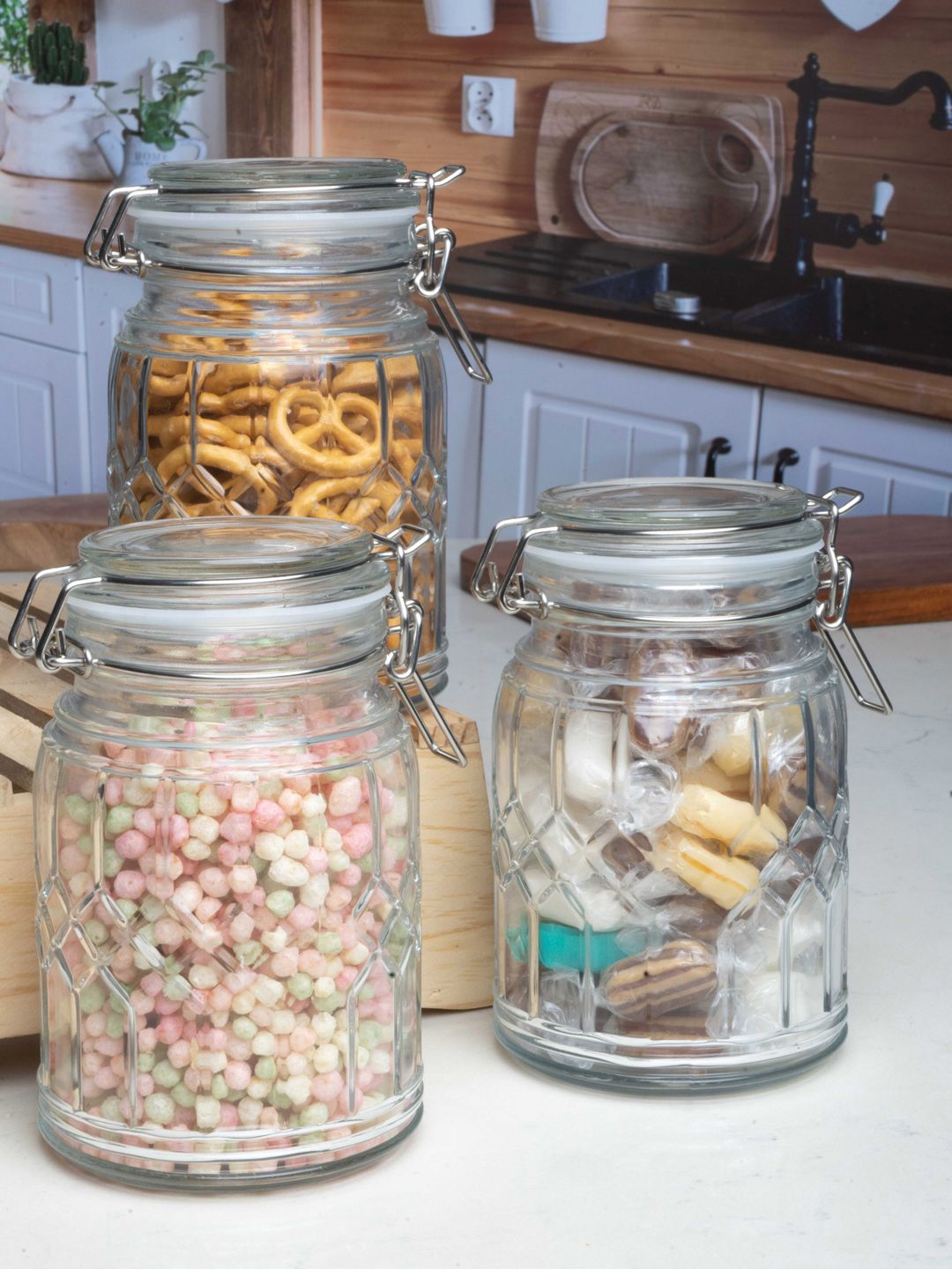 White Gold Set Of 3 Transparent Glass Storage Jars with Lid Price in India