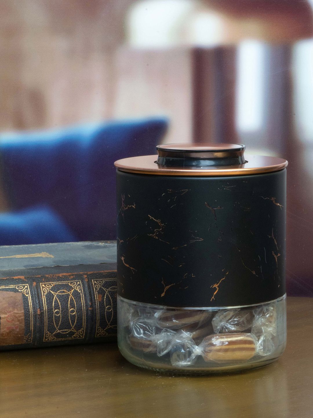 White Gold Black & Transparent Glass Storage Jar with Metal Cover & Push Button Lid Price in India