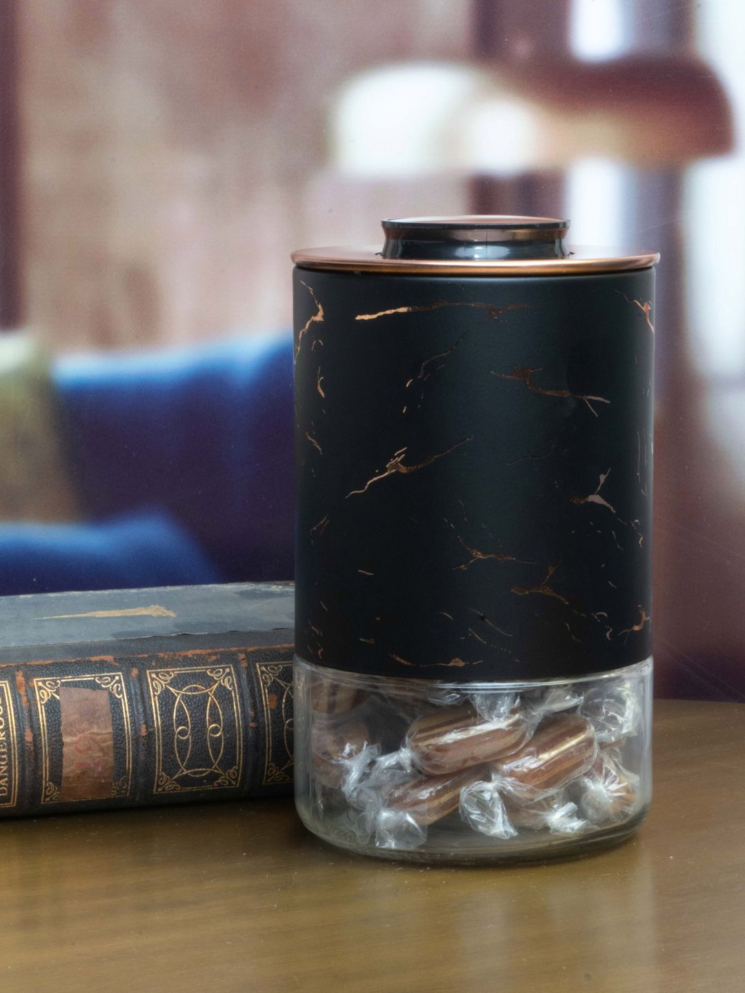 White Gold Black & Transparent Printed Glass Storage Jar With Lid Price in India