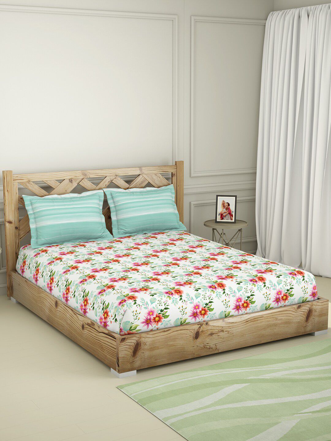 SPACES Green & White Floral 210 TC Pure Cotton Queen Bedsheet With 2 Pillow Covers Price in India