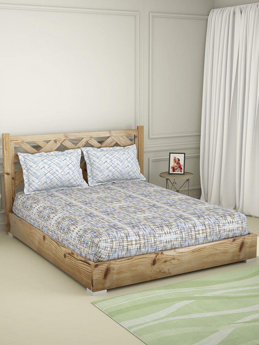 SPACES Blue & Cream-Coloured Geometric 210 TC Pure Cotton Queen Bedsheet & 2 Pillow Covers Price in India