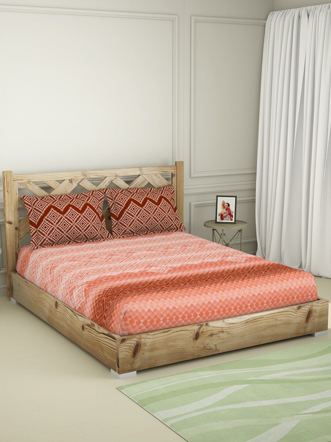 SPACES Brown & Peach-Coloured 210 TC Pure Cotton Queen Bedsheet With 2 Pillow Covers Price in India
