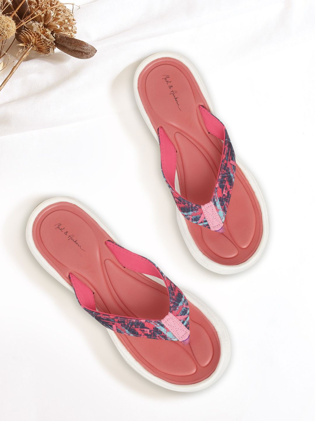 Mast & Harbour Women Navy Blue & Pink Abstract Print Thong Flip-Flops Price in India