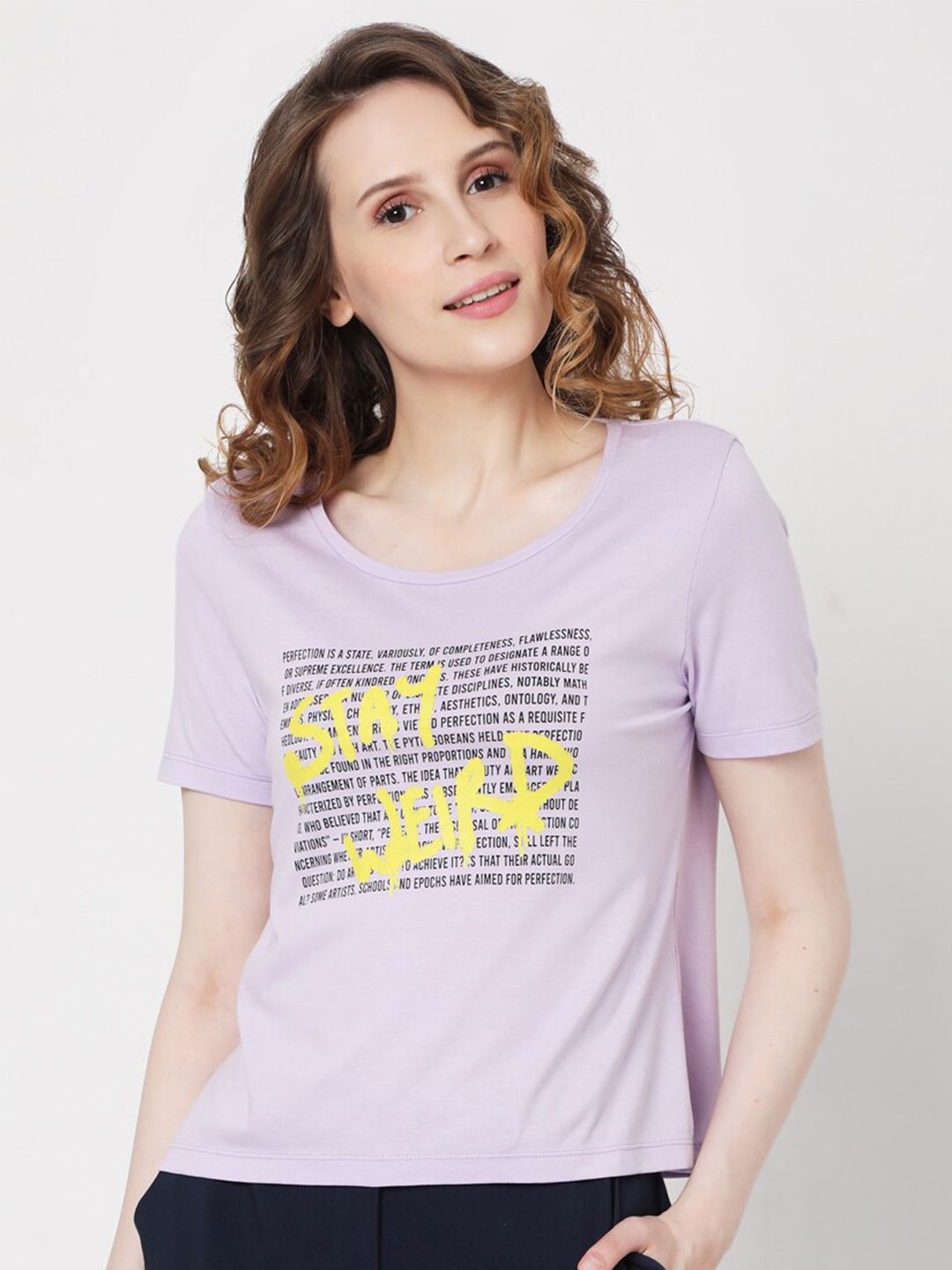 Vero Moda Women Purple & Yellow Typography Printed T-shirt